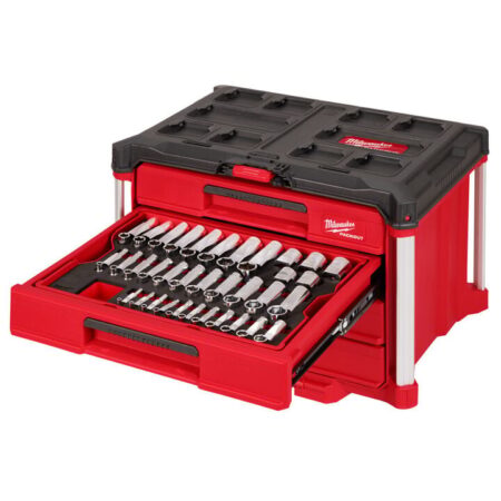 Milwaukee 1/4 Inch, 3/8 Inch, and 1/2 Inch Drive Metric and SAE Ratchet and Socket Set with PACKOUT 4-Drawer Tool Box, 242 Pieces